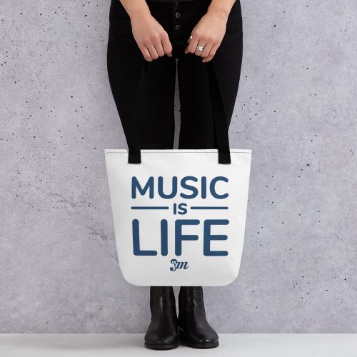 hand bag, tote or carry bag with music is life