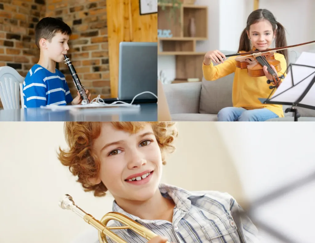 children playing various instruments during online lessons