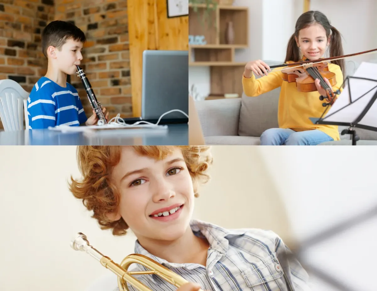 children playing various instruments during online lessons