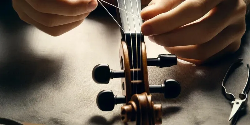 A close-up of a violinist's hands changing strings