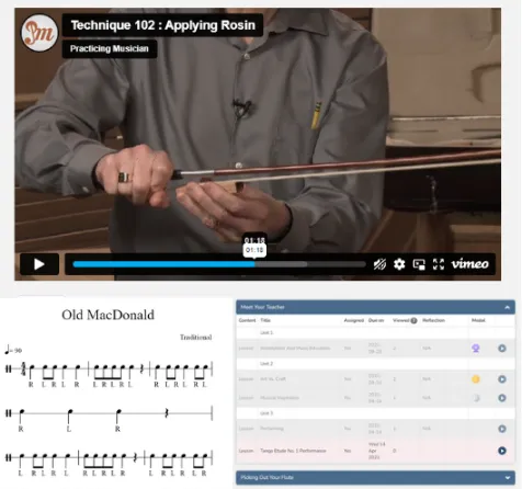 Practicing Musician's platform, highlighting the instrument-specific video tutorials and group music lessons, interactive resources available.