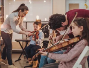 Photographs highlighting students engaging with various musical instruments, genres, and cultural traditions