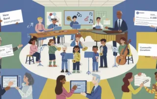 A diverse classroom where students play various band and orchestra instruments, music education funding, surrounded by supportive parents, teachers, and community members. Warm lighting with subtle musical motifs. Music Education