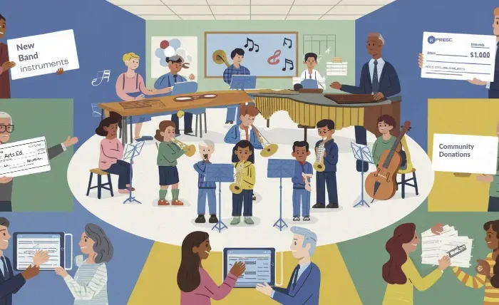 A diverse classroom where students play various band and orchestra instruments, music education funding, surrounded by supportive parents, teachers, and community members. Warm lighting with subtle musical motifs. Music Education