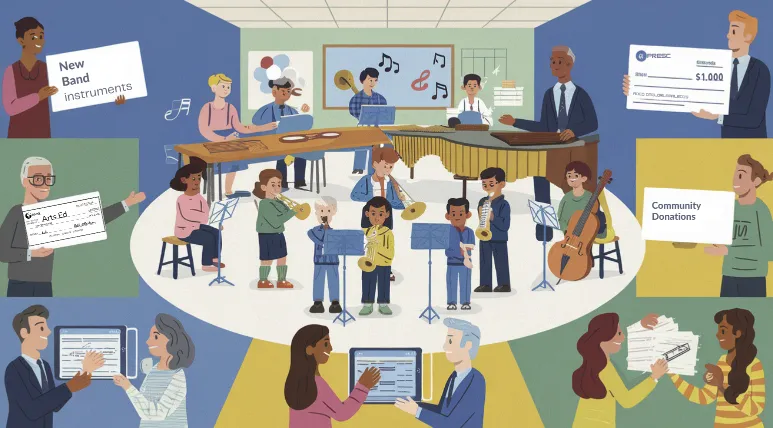 A diverse classroom where students play various band and orchestra instruments, surrounded by supportive parents, teachers, and community members. Warm lighting with subtle musical motifs. Music Education