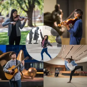 Multiple images of student musicians performing in diverse community venues