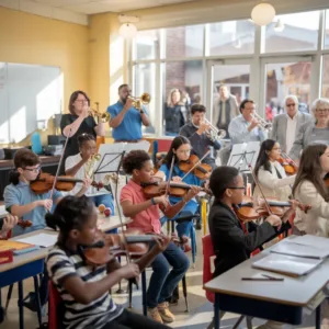 A diverse group of students and teachers making music together in a bright classroom, with instruments ranging from violins to trumpets. Community members visible through windows, showing support. Music Education